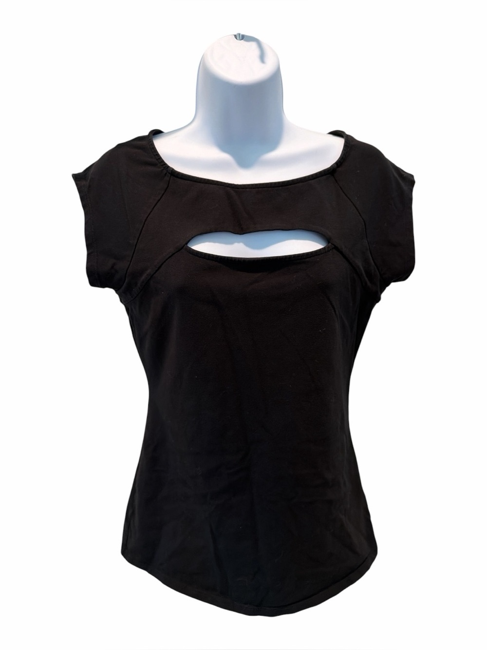 GUESS Women’s Black Cutout Keyhole Cap Sleeve Fitted Top size medium